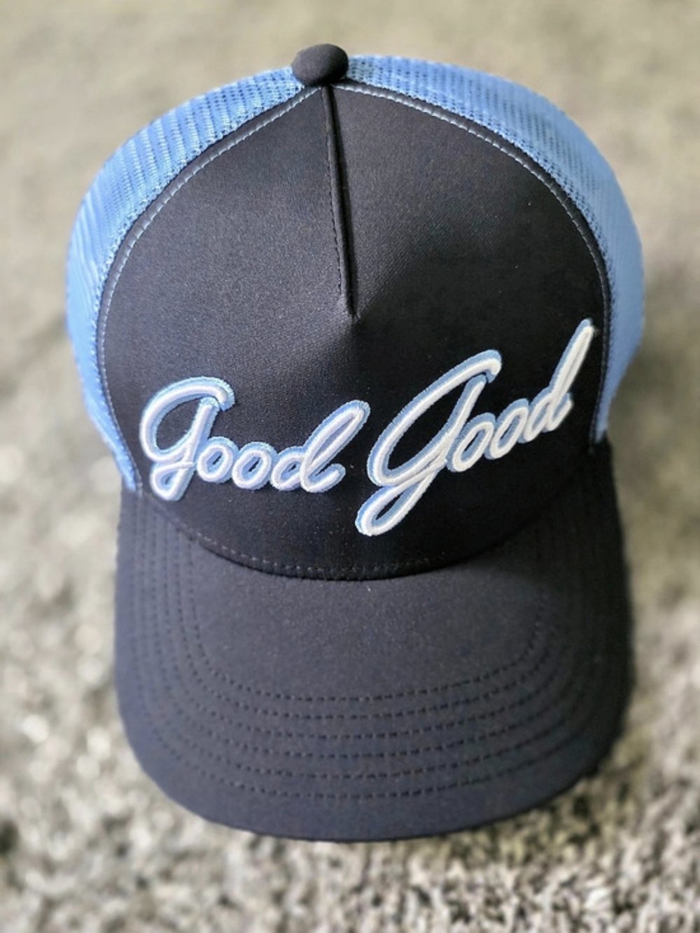 Good Golf Good Script Logo Trucker Hat Black & Blue